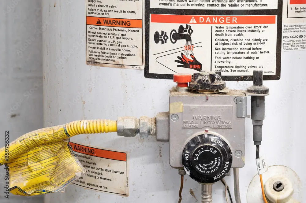 Gas water heater control valve with warning labels and yellow flexible gas line attached to the left side. Production label warnings visible above the dial.